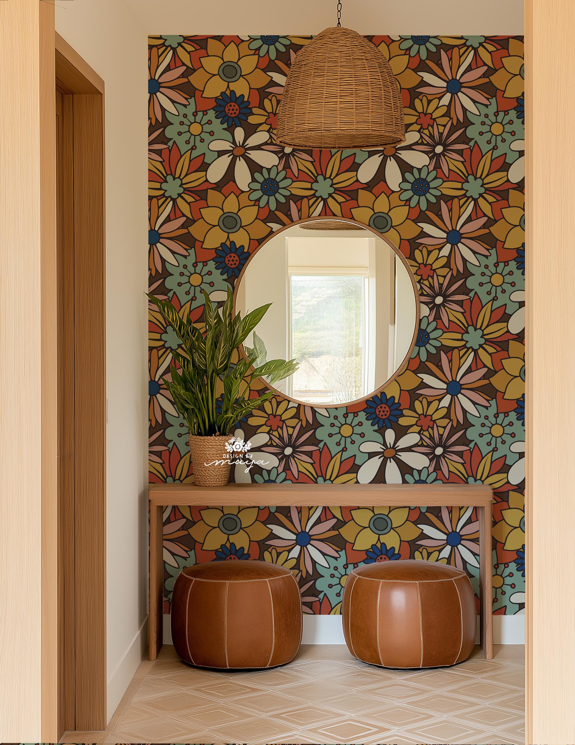 Retro Floral Peel and Stick Wallpaper: Boho Studio Decor - Etsy