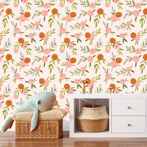 Clementines wallpaper, nursery Boho style, Vintage Nursery, Farmhouse Baby Room Nursery wallpaper Decor mural Cling, Orange leaves Citrus