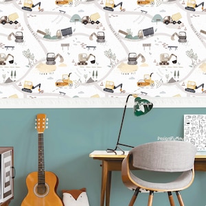 Construction Trucks Wallpaper: Vintage Nursery Mural, Blue & Yellow