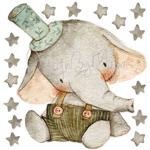 Baby Elephant sticker Wall Decor Baby decals wall art Watercolor Nursery mural Baby Deer Fawn DeerWall art Stars clings Kids room wall Decor