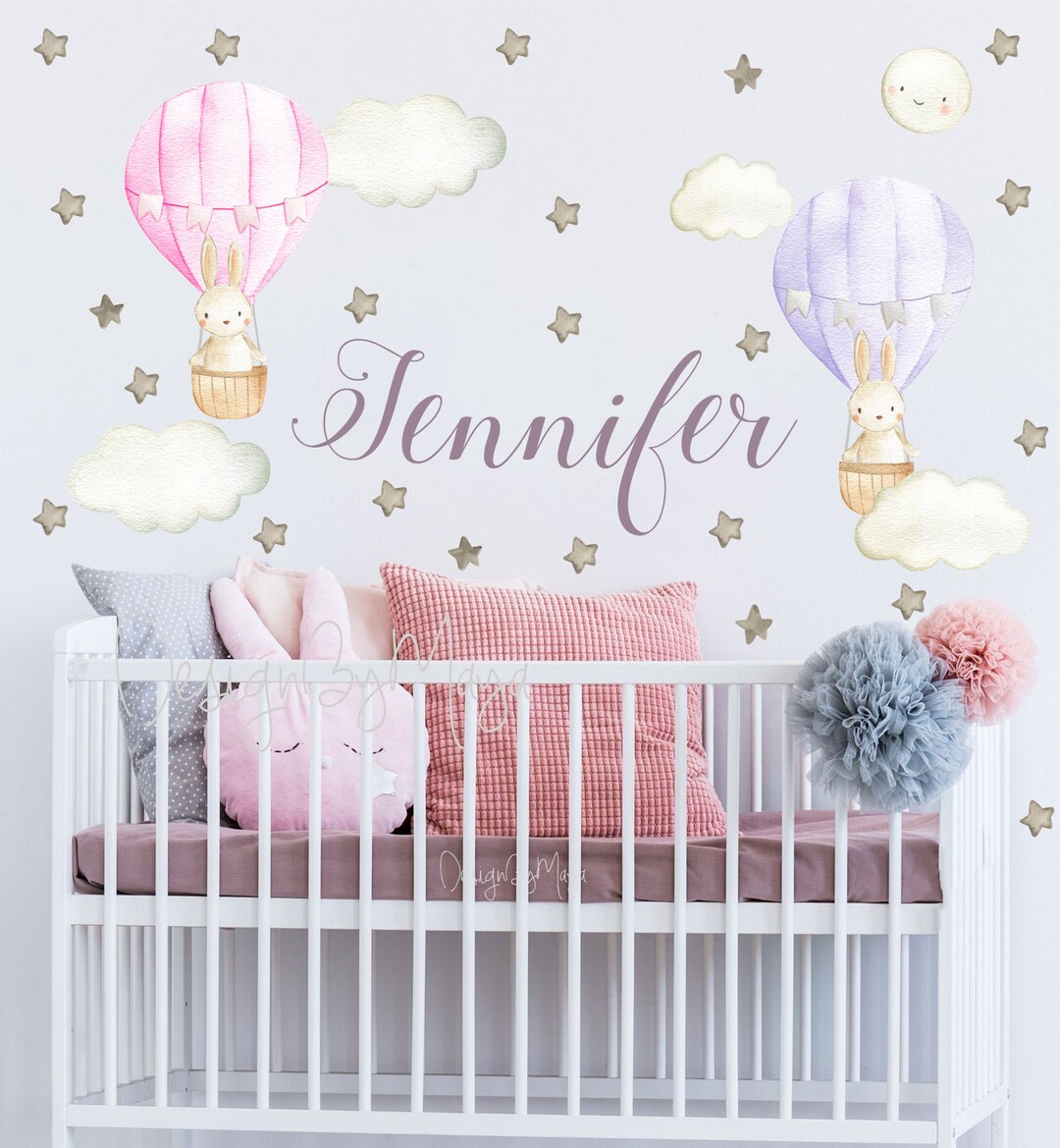 Bunny in Hot Air Balloon Watercolor Nursery Lavender Lilac Pink Decals ...