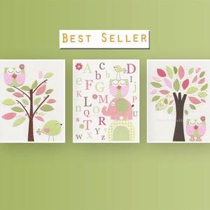 Wall Art For Nursery Room in Pink And Green Nursery Letters Wall Art With Baby Owl Love Bird Elephant Nursery tree ABC Alphabet room decor