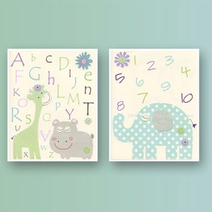 Decorazioni da parete per bambini, Carter Zoo, decorazioni per la cameretta delle bambine, set da 2 stampe, decorazioni per la cameretta dei bambini, viola, verde, acqua, turchese, grigio, ippopotamo, AB