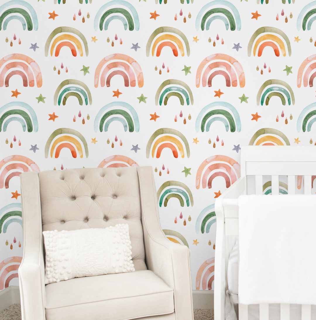 Watercolor Rainbow Wallpaper, Kids Nursery Decor, Peel and Stick - Etsy