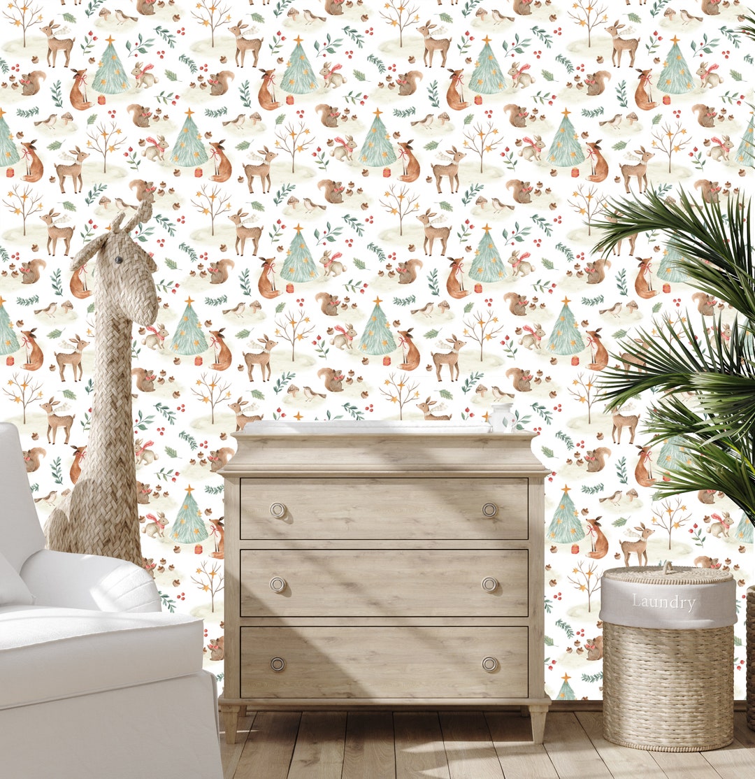 Woodland Nursery Wallpaper | Boho Animals Peel and Stick Mural - Etsy