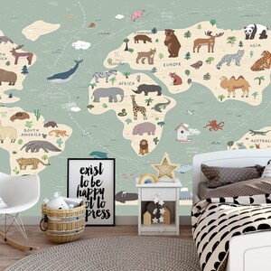 Fondo de pantalla de mapa del mundo con animales, decoración infantil, papel tapiz autoadhesivo, fondo de pantalla de mapa del mundo para niños, fondo de pantalla de mapa del mundo de países para niños