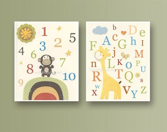 Kids Room Nursery wall art Decor Children Art print Play room Alphabet numbers set of 2 prints Yellow Giraffe Monkey Orange Green Tan Blue