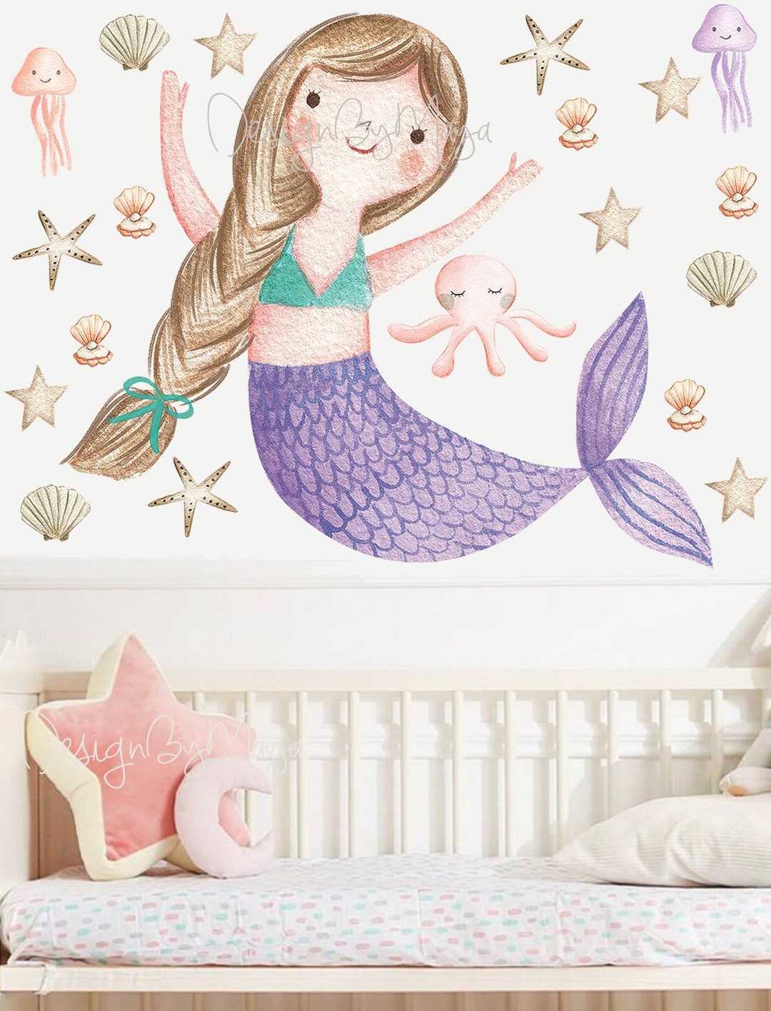 Mermaids and Sea Life Decals, Mermaid Fabric Wall Stickers, Ocean Life