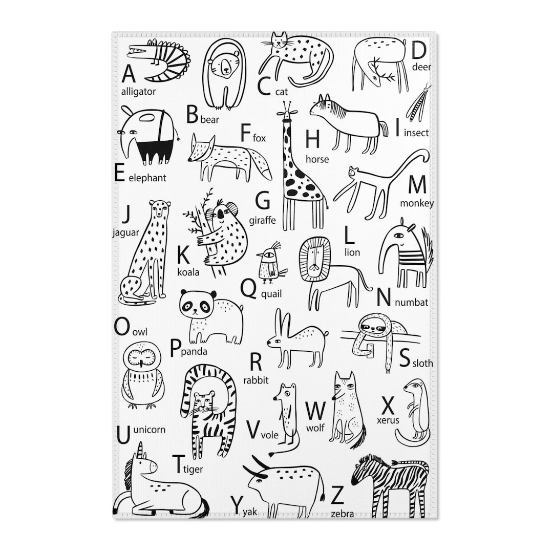 Black and White Animal ABC Rug: Modern Nursery Play Mat - Etsy