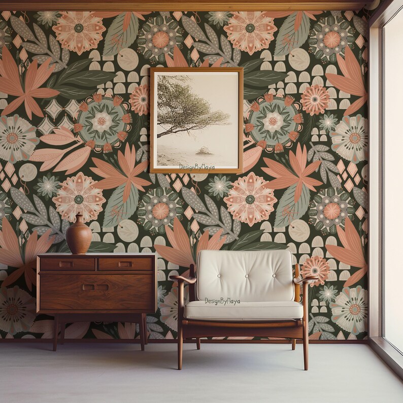 Retro Floral Peel and Stick Wallpaper: Boho Studio Decor - Etsy