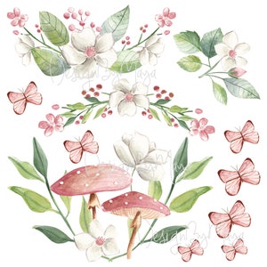 Puede incluir: Ilustraci&oacute;n de acuarela de flores rosas y blancas, hojas verdes y mariposas rosas. Dos setas rosas y blancas con puntos blancos est&aacute;n en el centro de la imagen.