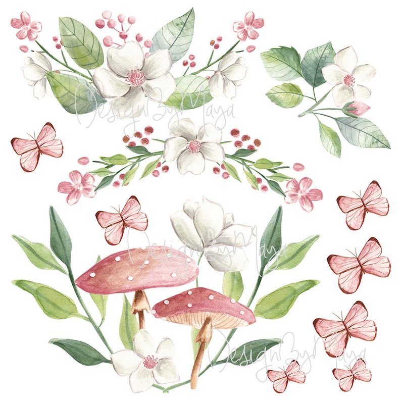 Puede incluir: Ilustraci&oacute;n de acuarela de flores rosas y blancas, hojas verdes y mariposas rosas. Dos setas rosas y blancas con puntos blancos est&aacute;n en el centro de la imagen.