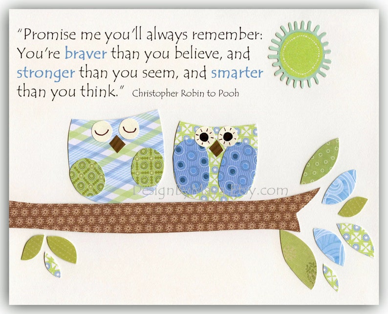 Baby boy Nursery, wall art Decor, Children Art print, owls...Promise me youll always remember You're braver than...green blue owls image 1