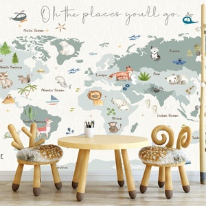 Papel de parede de mapa-múndi de animais, decoração de berçário, papel de parede removível e colante, papel de parede de mapa-múndi infantil, papel de parede de mapa-múndi infantil de países