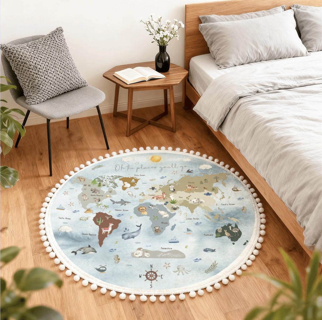 World Map Play Rug: Round Nursery Decor With Pom Pom Trim - Etsy