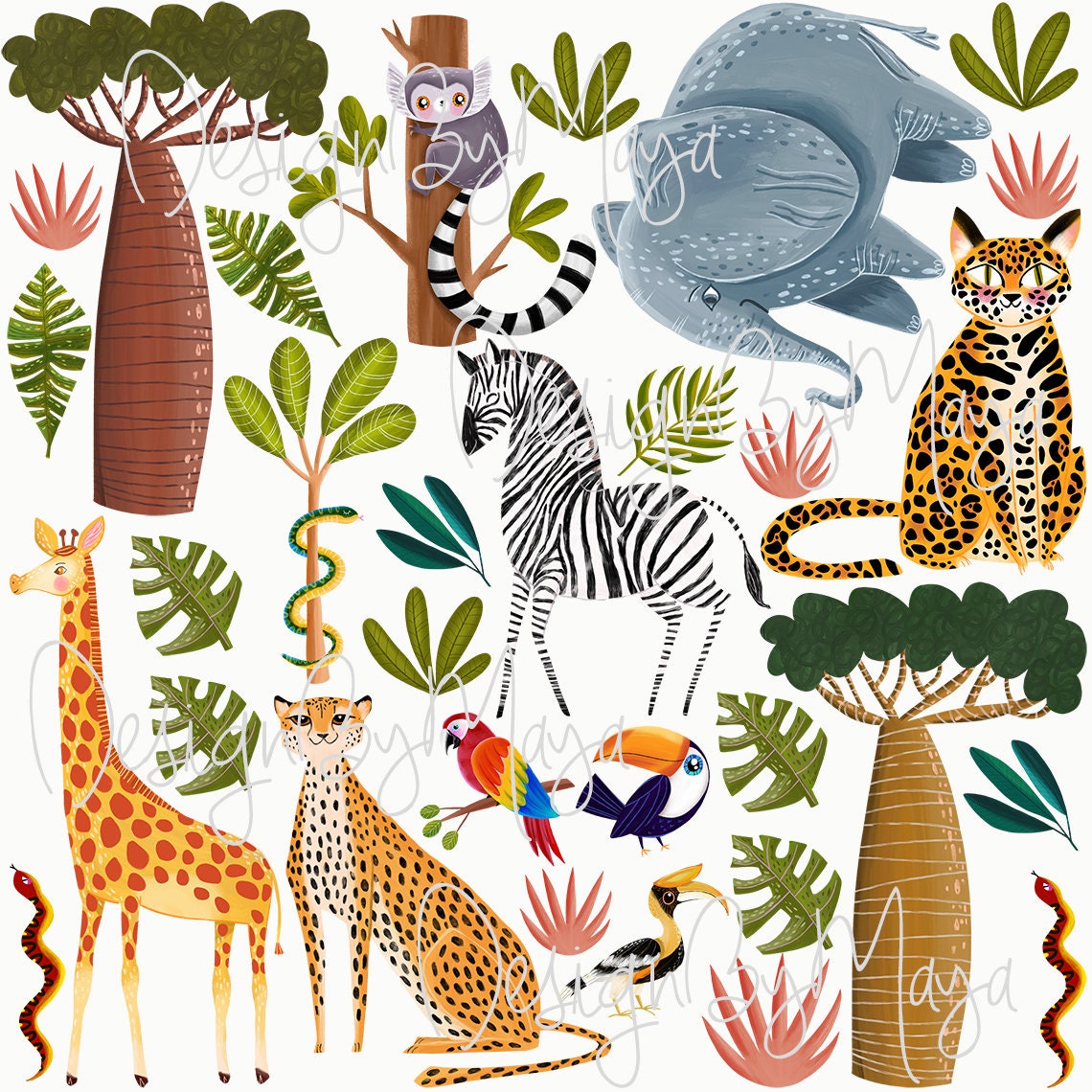 Watercolor Jungle Animals Fabric Wall Decals: Safari Nursery Decor - Etsy