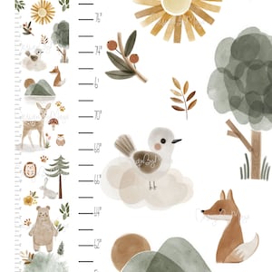 Toise pour enfant, courbe de croissance en toile, décoration de chambre de bébé, courbe de croissance pour enfant, toise, animal de la forêt, chambre de bébé, art déco pour chambre d'enfant