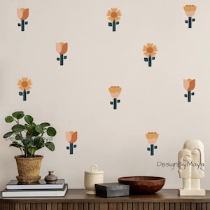 Retro vintage wall stickers, Earth tones and Green leaves decals, Botanical decor, Green Leaf Wall Decal clings Scandinavian Boho kids Decal