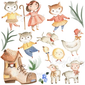 May include: Watercolor illustration of a whimsical scene with a variety of characters, including a girl in a red dress, a cat wearing a red and yellow dress, a mouse, a goose, a sheep, and a boot with a house on top. The illustration is painted in a soft, pastel color palette.