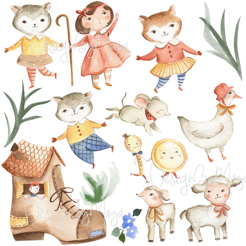 May include: Watercolor illustration of a whimsical scene with a variety of characters, including a girl in a red dress, a cat wearing a red and yellow dress, a mouse, a goose, a sheep, and a boot with a house on top. The illustration is painted in a soft, pastel color palette.