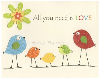 All You Need Is Love Wall Art For Kids Room: Baby Room Art // Nursery Bird Art // Love Birds // 8x10 Nursery Print // Red Green Blue Yellow