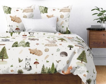 Whimsical forest duvet, woodland theme bedding, Africa Duvet, Pine trees comforter, Fox, Deer, Raccoon, Fawn, Bear, Bunny, Hedgehog bedding