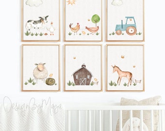 Baby farm animals prints, Cute Baby Nursery Decor, Baby shower gift, Nursery Decor, Nursery wall art, Baby sheep, pig, cow, barn, tractor