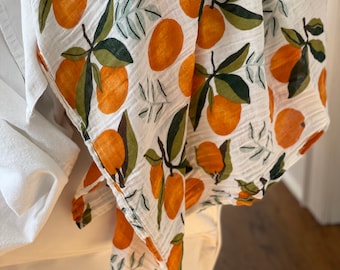 Clementine Musselin Decke, Boho-Stil, Retro Baby Clementine Decke, Orange mit Blättern Clementine Grüne Blätter Südwest Dekor