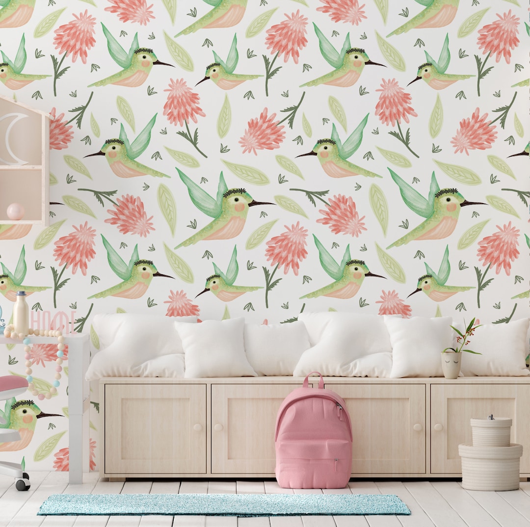 Birds Nursery Girl Wallpaper Nursery Wall Decor Baby Girl Room Etsy