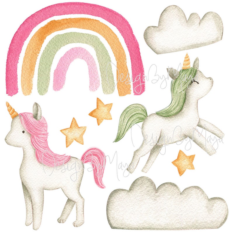 Baby girl nursery Baby Unicorns Watercolor Nursery decals Etsy