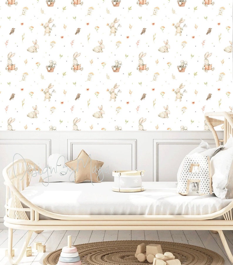 Unisex Wall Decor Baby Room Wallpaper Bunny Wallpaper Kids Etsy