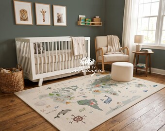 World Map Kids Rug, Playroom Decor, Animals, Polyester Chenille, Educational Rug