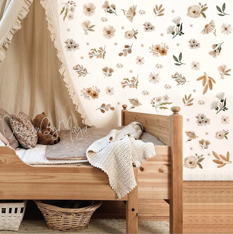 Boho Flowers Wall Stickers Earth Tones and Green Leaves Etsy