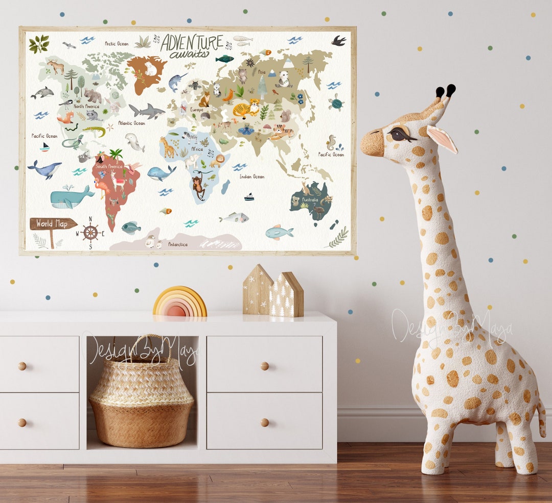 World Map Kids Room Wall Decor, World Animals Nursery Decal Animal