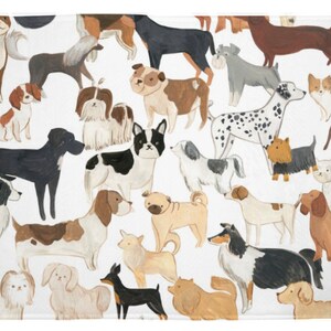 May include: A white background with a pattern of various breeds of dogs in different colors and poses. The dogs are painted in a cartoon style.