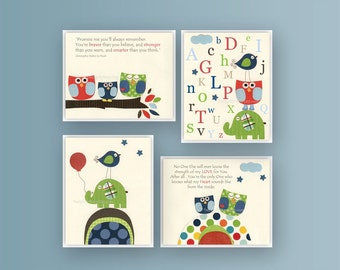 Nursery Art Prints: Owls, Elephants, Alphabet, Set of 4