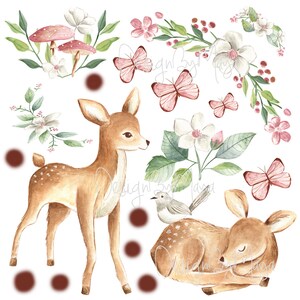 Puede incluir: Ilustraci&oacute;n de acuarela de dos ciervos, uno de pie y otro durmiendo, rodeados de flores rosas y blancas, mariposas y p&aacute;jaros. El fondo es blanco.