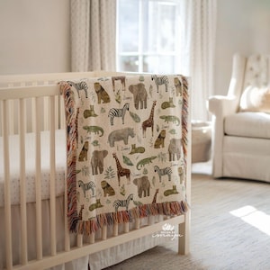 Couverture tissée, couverture Safari, couverture pour bébés animaux de la ferme, couverture pour animaux de la forêt, chambre de bébé de camping, literie pour bébés animaux, couverture tissée bohème