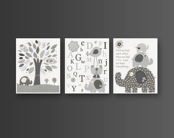 Nursery wall art, Baby room Decor, Children Art, abc, first we had, gray black and white, match to Taylor, Branson Elephant