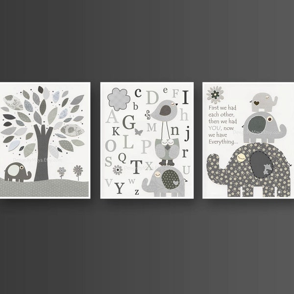 Láminas de elefantes para guardería: decoración con alfabeto en gris, negro y blanco