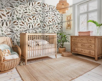 Papel pintado botánico con follaje vintage: mural adhesivo estilo boho para habitación infantil