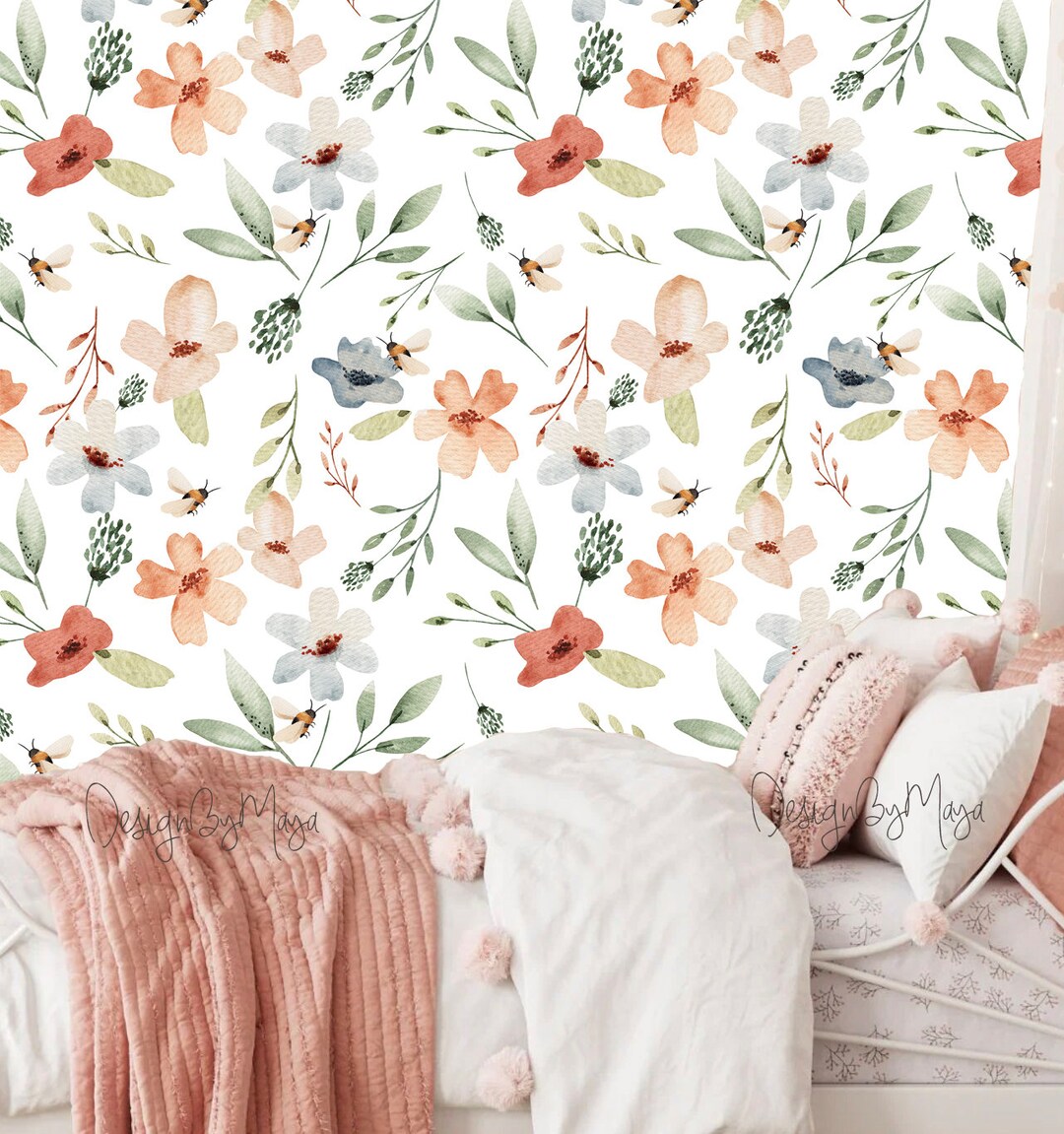 Floral Nursery Wallpaper: Watercolor Flowers, Bees, Peel & Stick Mural ...