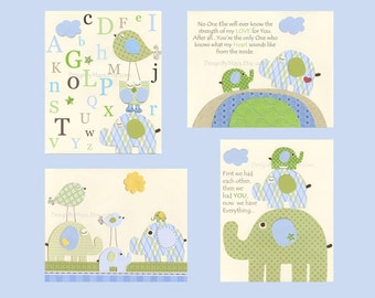 Elephant Nursery Art Prints: Light Blue & Green Kids Room Decor, Set of 4