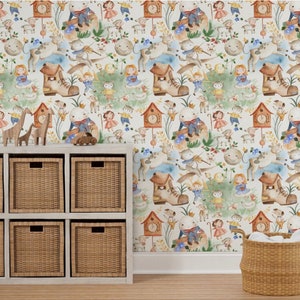 Carta da parati con filastrocche per bambini, carta da parati con animali da fienile, carta da parati vintage in stile boho per cameretta dei bambini, carta da parati ad acquerello, decorazione murale, decorazione adesiva per fattoria