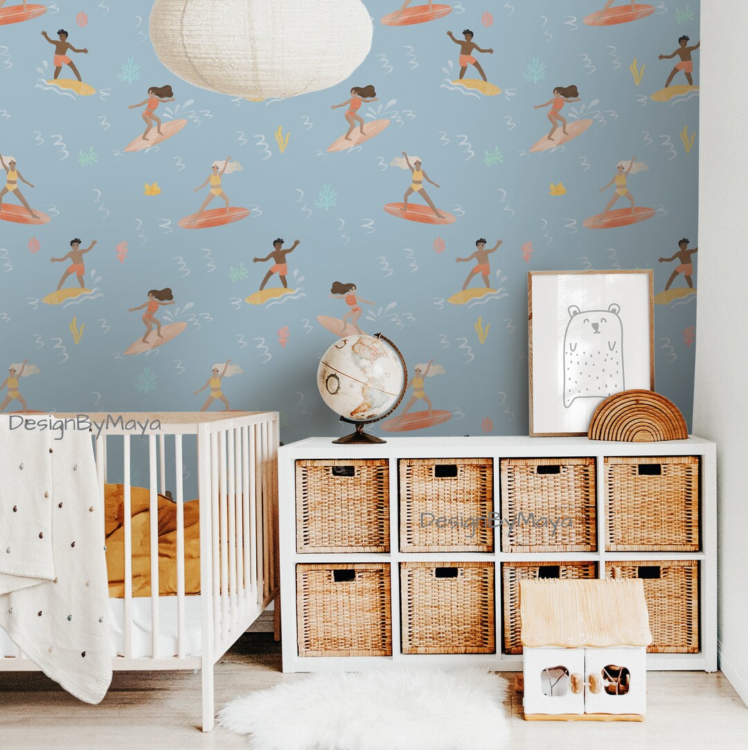 Surfers Baby Room Wallpaper: Mint Coral Ocean Nursery Decor