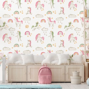 Carta da parati per cameretta unicorno, carta da parati per cameretta bambina, carta da parati per cameretta magica acquerello per cameretta bambino, carta da parati decorativa murale Cling Baby unicorno rosa verde