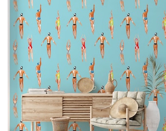 Swimmers wallpaper, Swimming pool wallpaper, Vintage waves, Boho Abstract, Nautical Nursery wall paper Decor mural Cling House Wallpaper