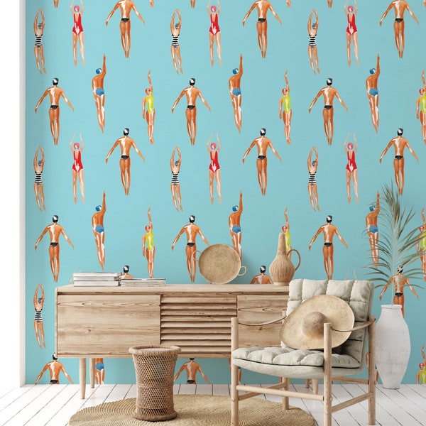 Swimmers wallpaper, Swimming pool wallpaper, Vintage waves, Boho Abstract, Nautical Nursery wall paper Decor mural Cling House Wallpaper