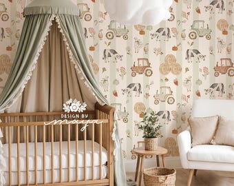 Behang boerderijdieren: boho kinderkamerdecoratie, tractor, hooi en koe