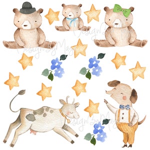 May include: Watercolor illustration of a cow, a dog, two bears, and a variety of flowers and stars. The cow is white with brown spots and is running. The dog is brown with a blue bow tie and is wearing yellow pants. The bears are brown and are wearing hats and bow ties. The flowers are blue and the stars are yellow.